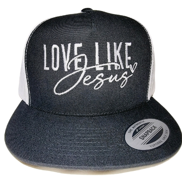 Love Like Jesus Mesh Snapback Embroidered Flat Bill Trucker Hat Cap Black/White - Picture 1 of 4